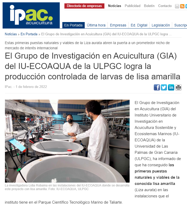 The Aquaculture Research Group (GIA) of the IU-ECOAQUA of the ULPGC achieves the controlled production of yellow mullet larvae