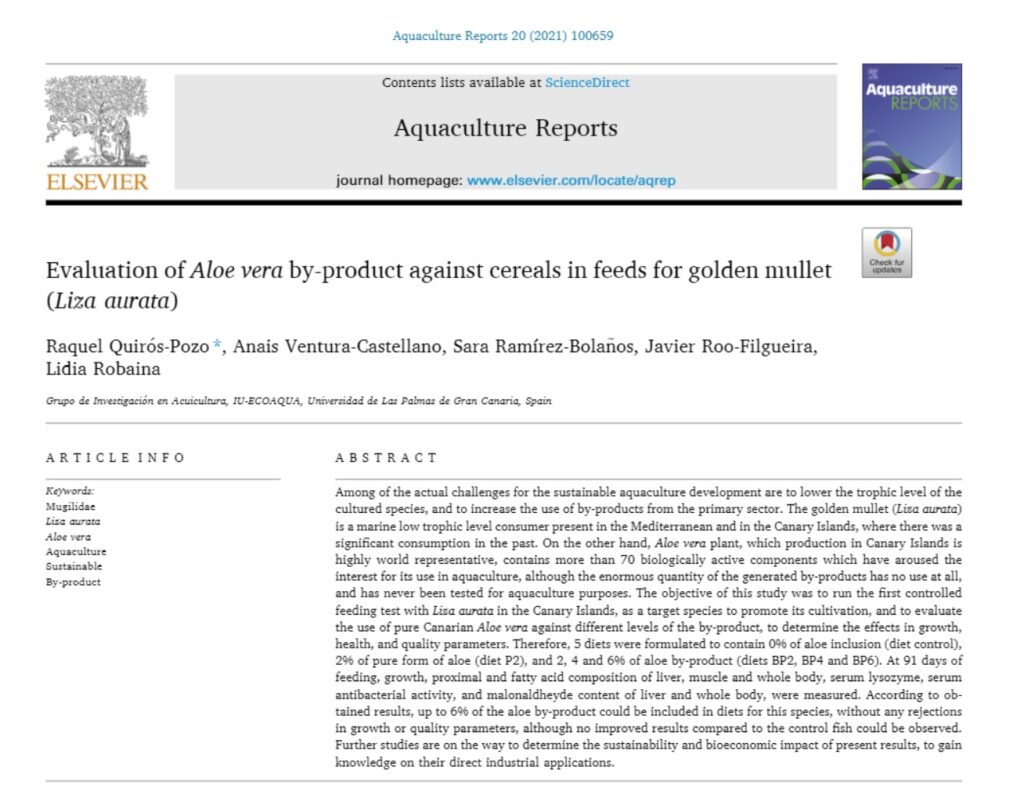 Evaluation of Aloe vera by-product against cereals in feeds for golden mullet (Liza aurata)